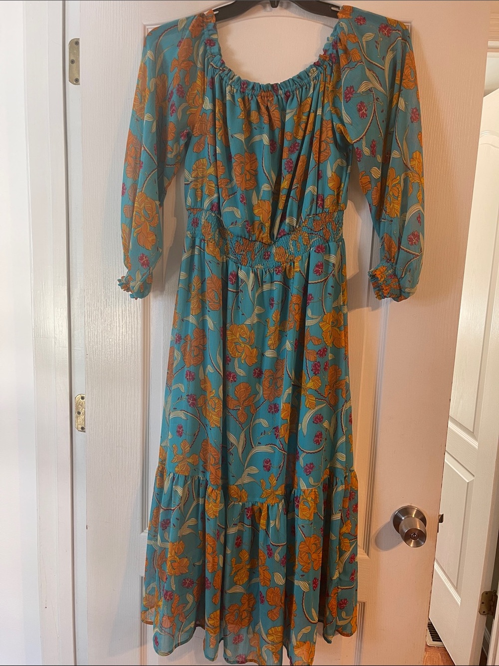 sofia by sofia vergara Teal Floral Maxi Dress with Mustard Blooms